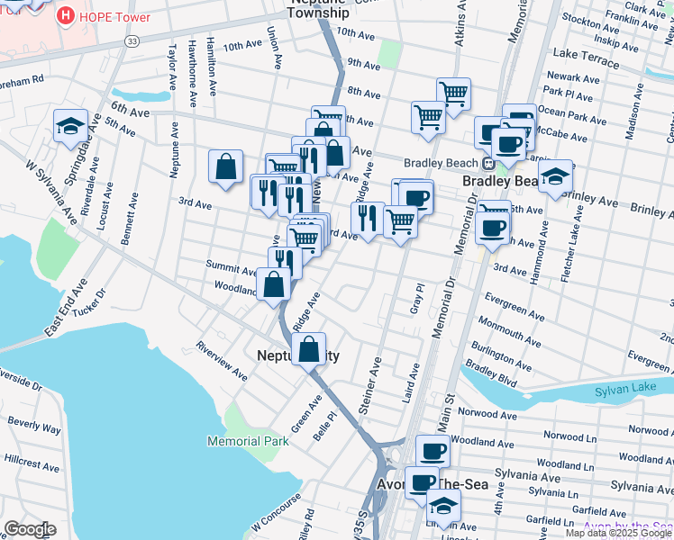map of restaurants, bars, coffee shops, grocery stores, and more near 51 Evergreen Avenue in Neptune City