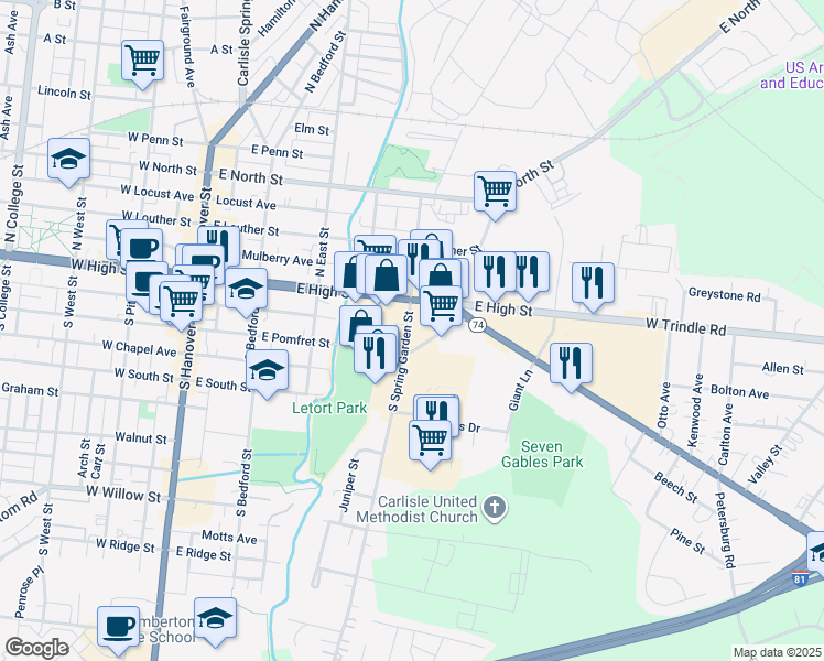 map of restaurants, bars, coffee shops, grocery stores, and more near 25 South Spring Garden Street in Carlisle