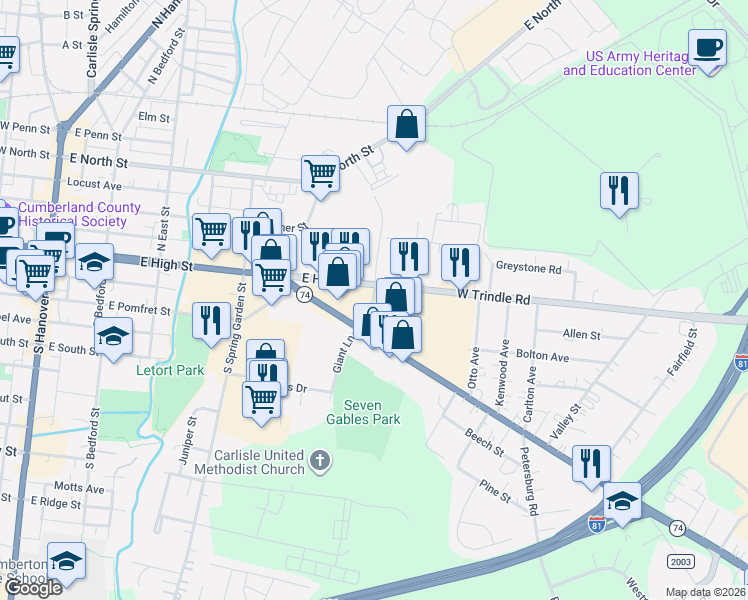 map of restaurants, bars, coffee shops, grocery stores, and more near 611 Carlisle Plaza Mall in Carlisle