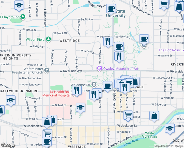 map of restaurants, bars, coffee shops, grocery stores, and more near 2000 West Riverside Avenue in Muncie