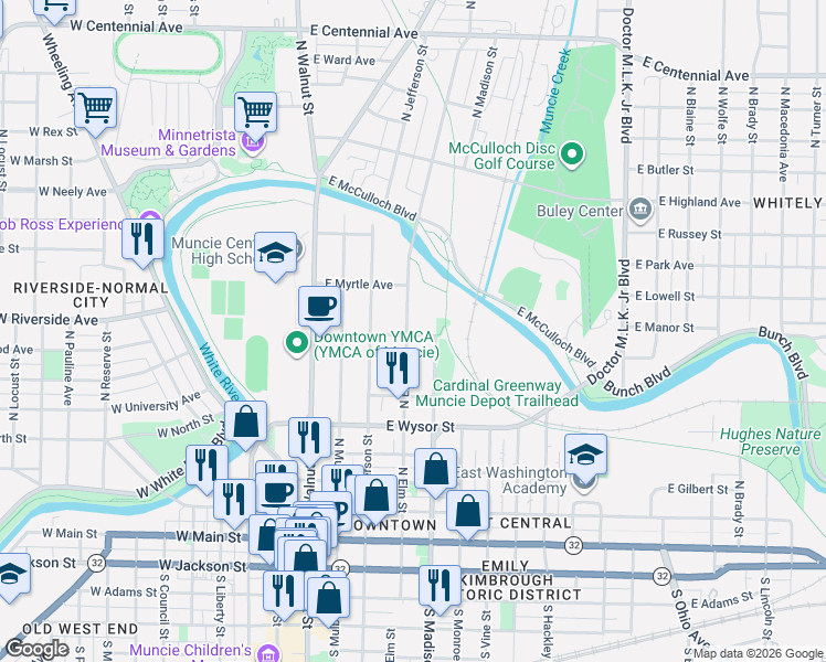 map of restaurants, bars, coffee shops, grocery stores, and more near 705 North Elm Street in Muncie