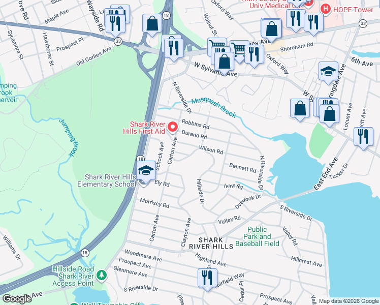 map of restaurants, bars, coffee shops, grocery stores, and more near 1 May Place in Neptune City