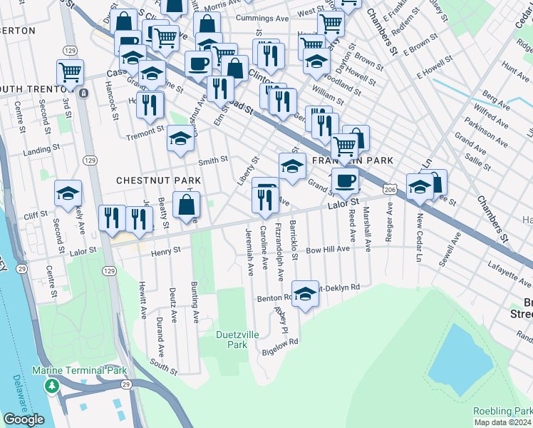 map of restaurants, bars, coffee shops, grocery stores, and more near 3 Dayton Street in Trenton