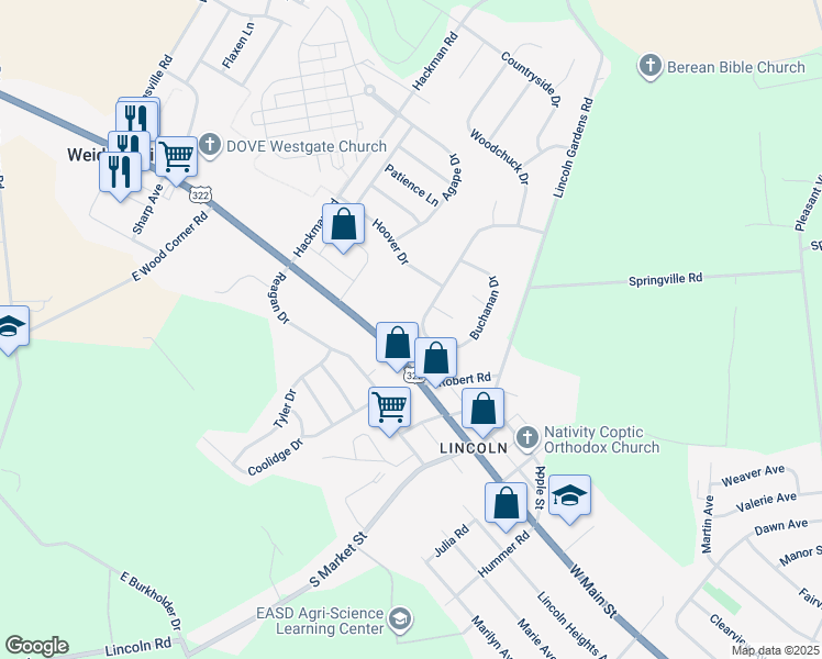 map of restaurants, bars, coffee shops, grocery stores, and more near 402 Buchanan Drive in Ephrata Township