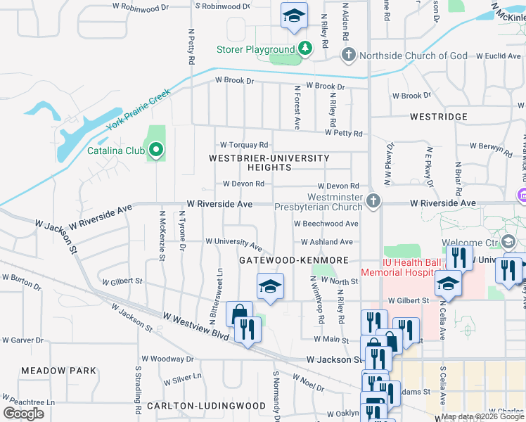 map of restaurants, bars, coffee shops, grocery stores, and more near 3405 West Riverside Avenue in Muncie