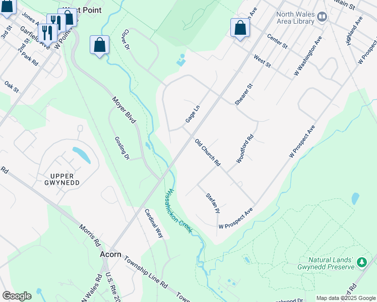 map of restaurants, bars, coffee shops, grocery stores, and more near 701 North Wales Road in North Wales