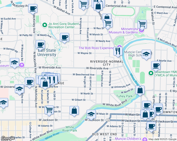 map of restaurants, bars, coffee shops, grocery stores, and more near 1101 West Riverside Avenue in Muncie