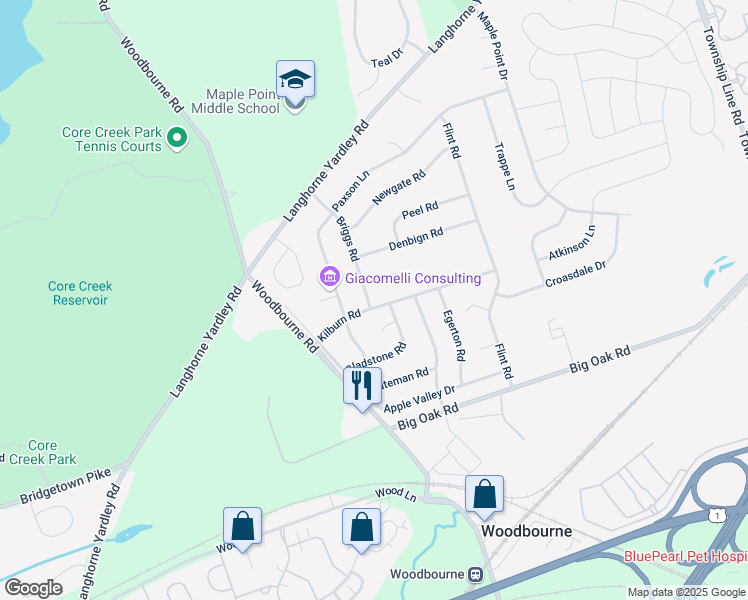 map of restaurants, bars, coffee shops, grocery stores, and more near 377 Kilburn Road in Langhorne