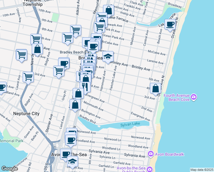 map of restaurants, bars, coffee shops, grocery stores, and more near 508 3rd Avenue in Bradley Beach