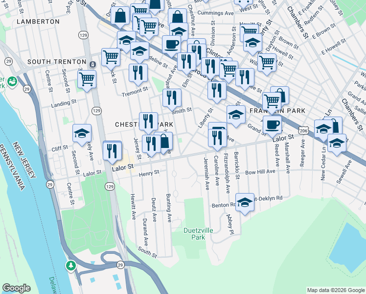 map of restaurants, bars, coffee shops, grocery stores, and more near 1926 Chestnut Avenue in Trenton