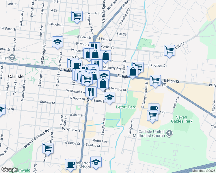 map of restaurants, bars, coffee shops, grocery stores, and more near 52 South Bedford Street in Carlisle