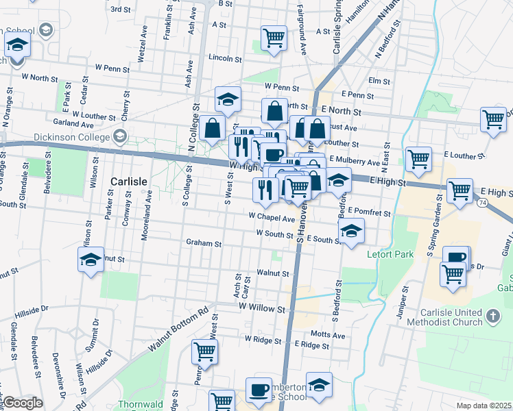 map of restaurants, bars, coffee shops, grocery stores, and more near 116 West Pomfret Street in Carlisle