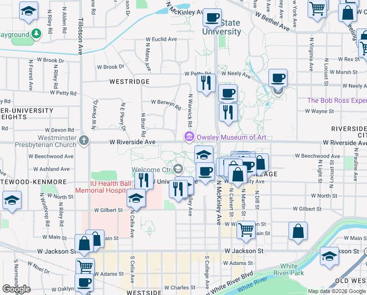 map of restaurants, bars, coffee shops, grocery stores, and more near 2000 West University Avenue in Muncie