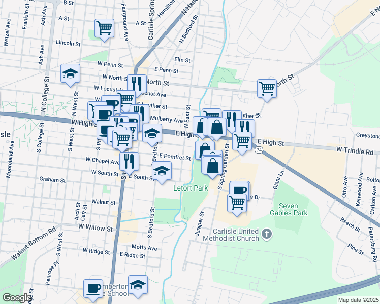 map of restaurants, bars, coffee shops, grocery stores, and more near 45 South East Street in Carlisle