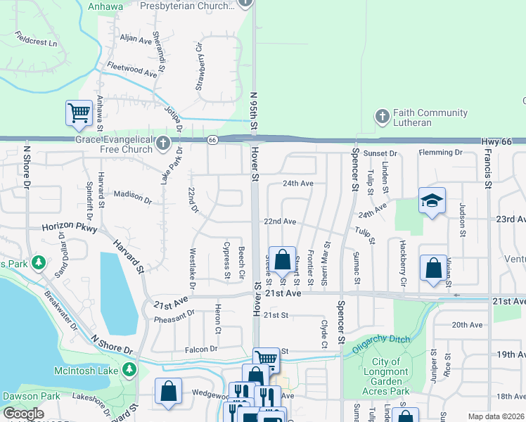 map of restaurants, bars, coffee shops, grocery stores, and more near 2219 Steele Street in Longmont