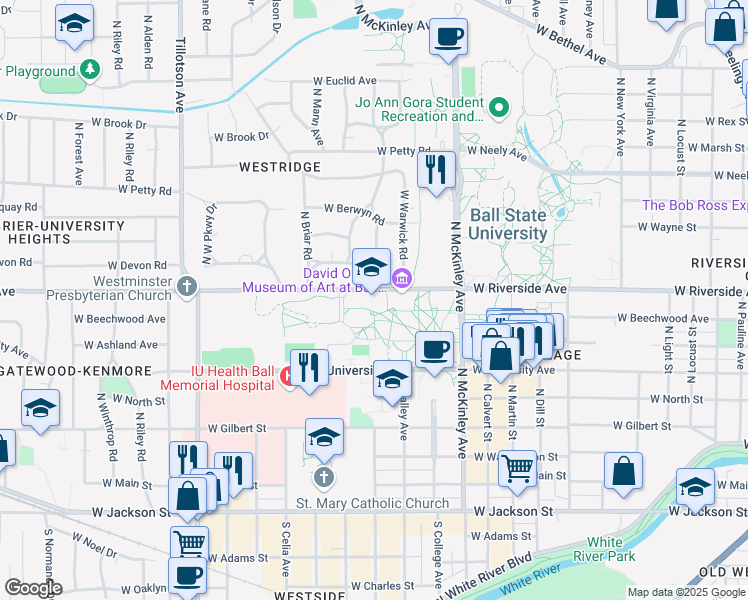 map of restaurants, bars, coffee shops, grocery stores, and more near 2000 West University Avenue in Muncie