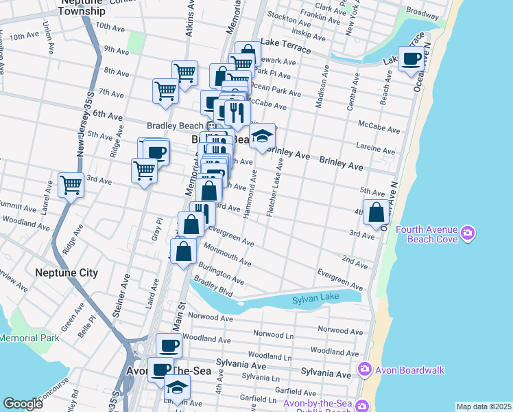map of restaurants, bars, coffee shops, grocery stores, and more near 508 3rd Avenue in Bradley Beach