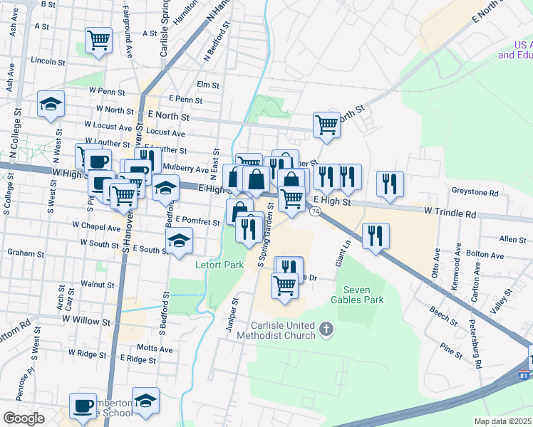 map of restaurants, bars, coffee shops, grocery stores, and more near 22a South Spring Garden Street in Carlisle
