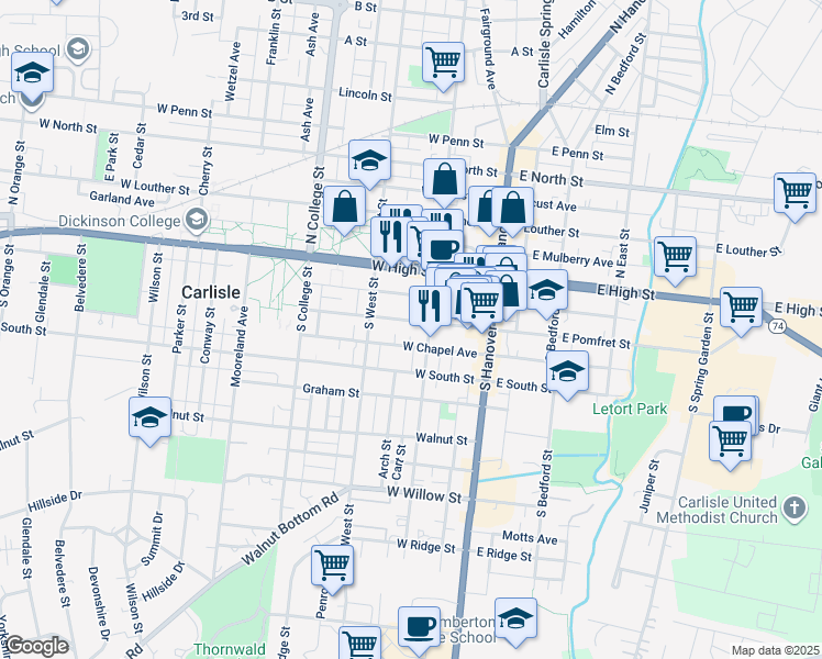 map of restaurants, bars, coffee shops, grocery stores, and more near 122 West Pomfret Street in Carlisle