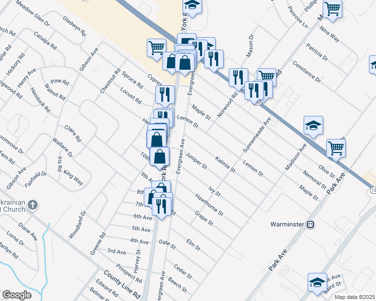 map of restaurants, bars, coffee shops, grocery stores, and more near 515 Juniper Street in Warminster