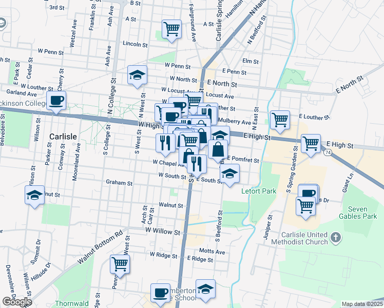 map of restaurants, bars, coffee shops, grocery stores, and more near 21 West Pomfret Street in Carlisle