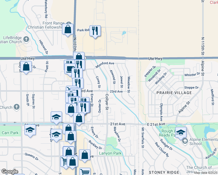 map of restaurants, bars, coffee shops, grocery stores, and more near 2310 Collyer Street in Longmont