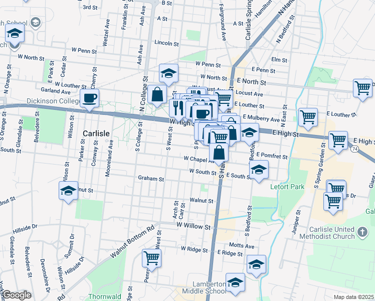 map of restaurants, bars, coffee shops, grocery stores, and more near 122 West Pomfret Street in Carlisle