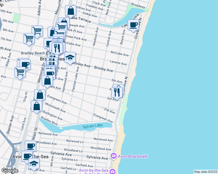 map of restaurants, bars, coffee shops, grocery stores, and more near 204 4th Avenue in Bradley Beach