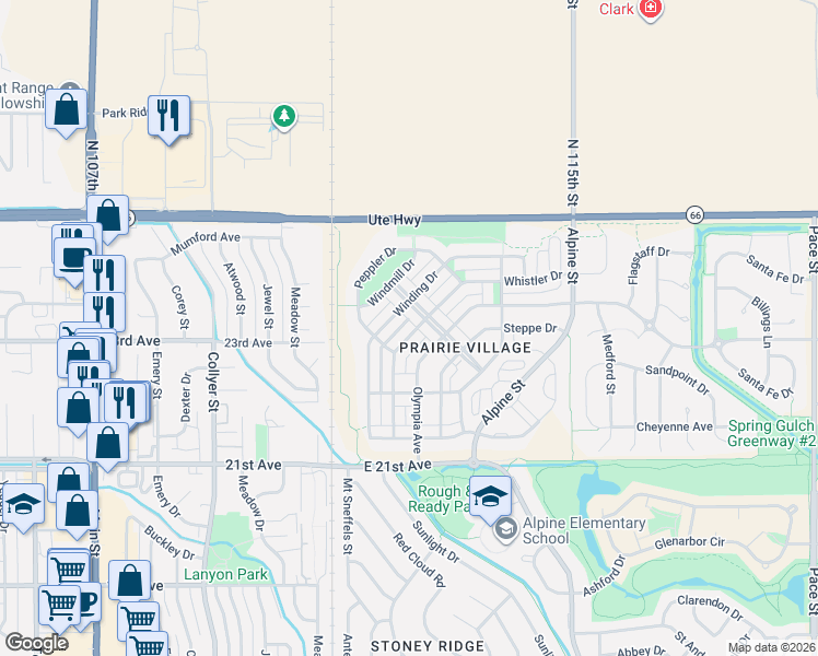 map of restaurants, bars, coffee shops, grocery stores, and more near 2249 Whistler Drive in Longmont