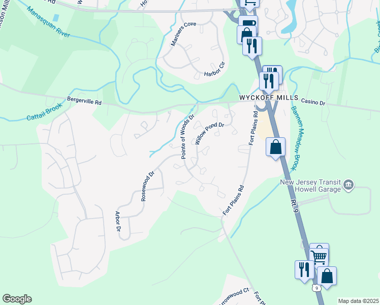 map of restaurants, bars, coffee shops, grocery stores, and more near 452 Magnolia Court in Howell