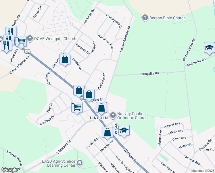 map of restaurants, bars, coffee shops, grocery stores, and more near 1632 Apple Street in Ephrata