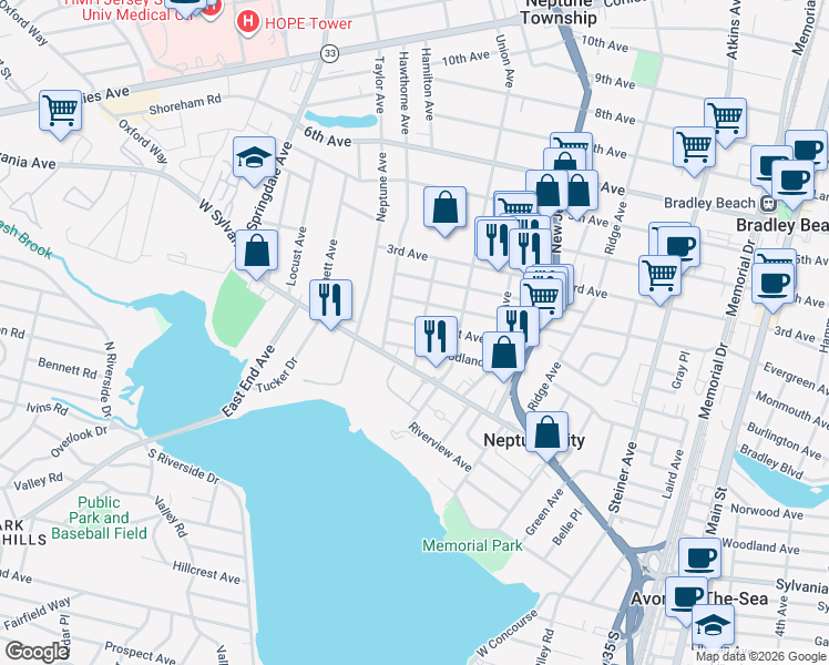 map of restaurants, bars, coffee shops, grocery stores, and more near 65 Avondale Ave in Neptune City