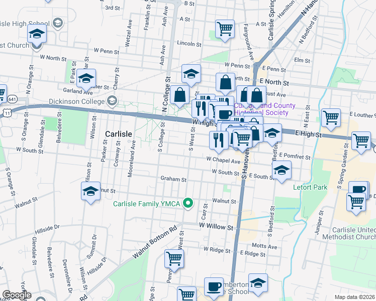 map of restaurants, bars, coffee shops, grocery stores, and more near 112 South West Street in Carlisle