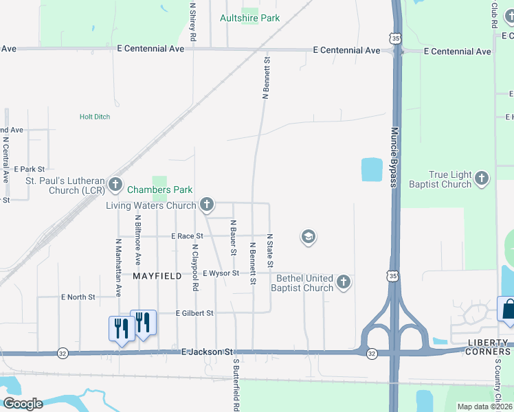 map of restaurants, bars, coffee shops, grocery stores, and more near 715 North Bennett Street in Muncie
