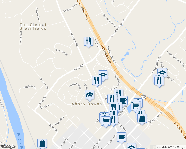 map of restaurants, bars, coffee shops, grocery stores, and more near 376 North Lewis Road in Royersford