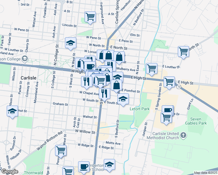 map of restaurants, bars, coffee shops, grocery stores, and more near 29 East Pomfret Street in Carlisle