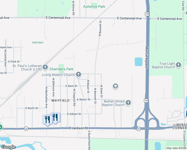 map of restaurants, bars, coffee shops, grocery stores, and more near 715 North Bennett Street in Muncie