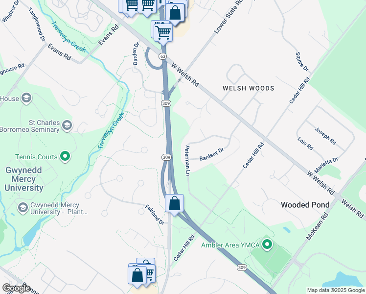 map of restaurants, bars, coffee shops, grocery stores, and more near 1181 Peterman Lane in Ambler