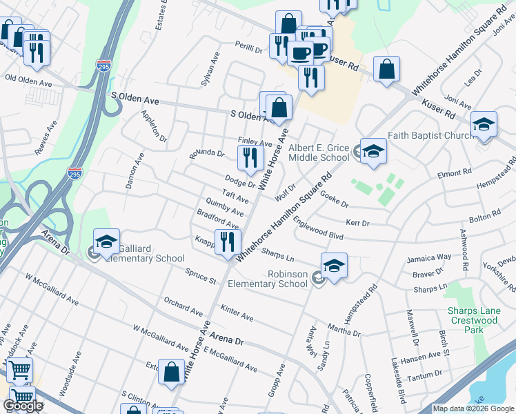 map of restaurants, bars, coffee shops, grocery stores, and more near 653 White Horse Avenue in Trenton