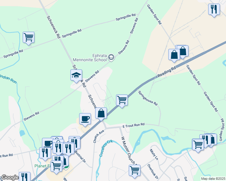 map of restaurants, bars, coffee shops, grocery stores, and more near 501 Alexander Drive in Ephrata