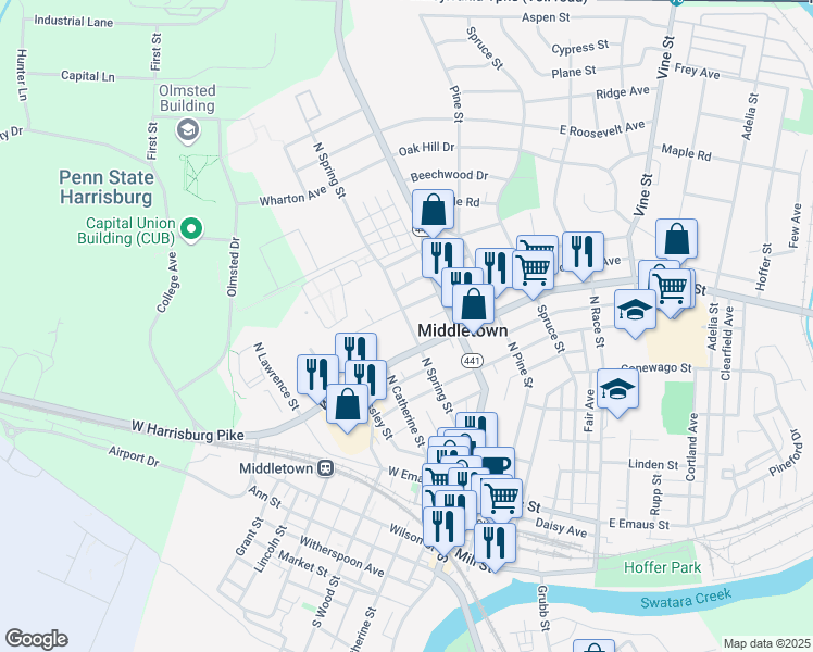 map of restaurants, bars, coffee shops, grocery stores, and more near 439 North Spring Street in Middletown