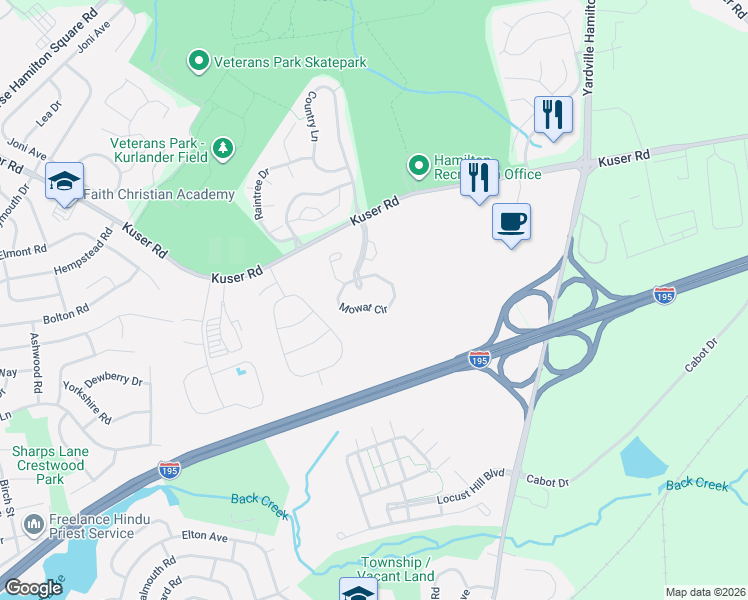map of restaurants, bars, coffee shops, grocery stores, and more near 631 Mowat Circle in Hamilton Township