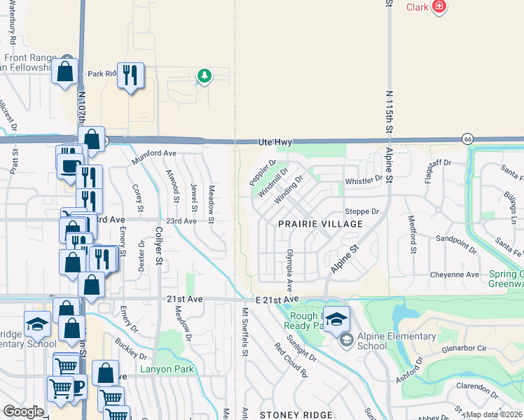 map of restaurants, bars, coffee shops, grocery stores, and more near 2355 Winding Drive in Longmont
