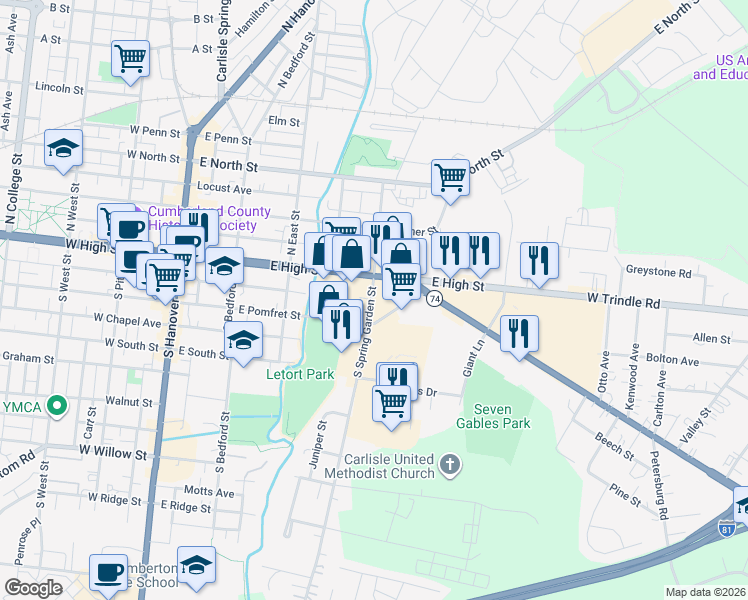map of restaurants, bars, coffee shops, grocery stores, and more near 22a South Spring Garden Street in Carlisle