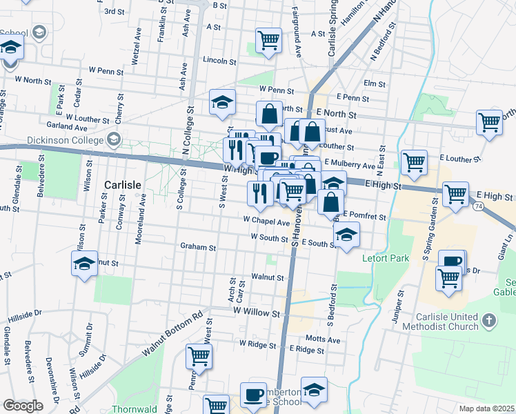 map of restaurants, bars, coffee shops, grocery stores, and more near 100 West Pomfret Street in Carlisle