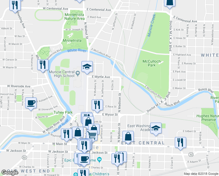 map of restaurants, bars, coffee shops, grocery stores, and more near 705 North Elm Street in Muncie