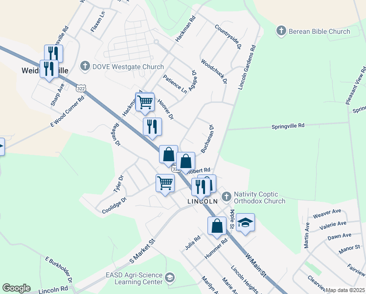 map of restaurants, bars, coffee shops, grocery stores, and more near 313 Buchanan Drive in Ephrata