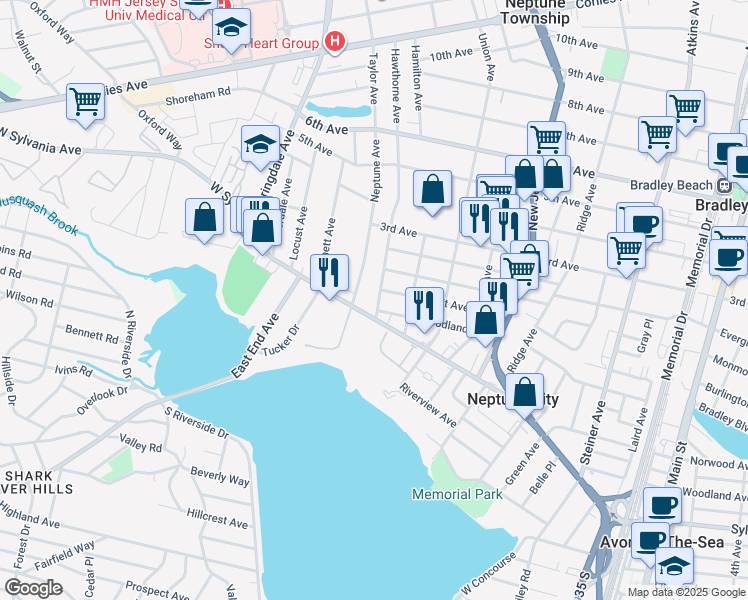 map of restaurants, bars, coffee shops, grocery stores, and more near 55 Hawthorne Avenue in Neptune City