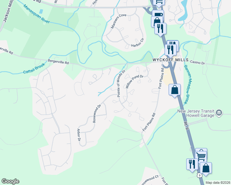 map of restaurants, bars, coffee shops, grocery stores, and more near 311 Balsam Court in Howell Township