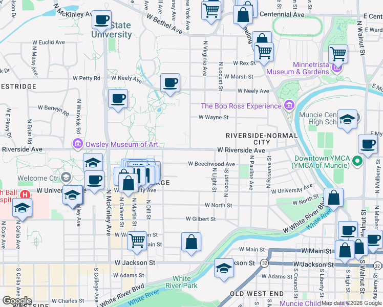 map of restaurants, bars, coffee shops, grocery stores, and more near 1225 West Riverside Avenue in Muncie
